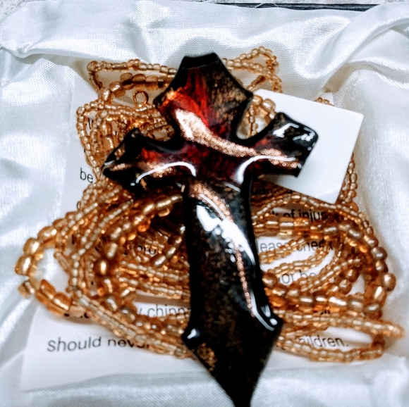 Glass Cross Necklace in Bronze/Gold/ Black - Picture 7 of 8